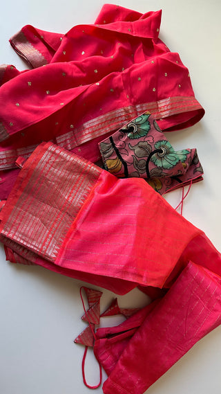 Pink Pure Mangalagiri Silk Cotton Lehenga hand painted kalamkari blouse with Dupatta