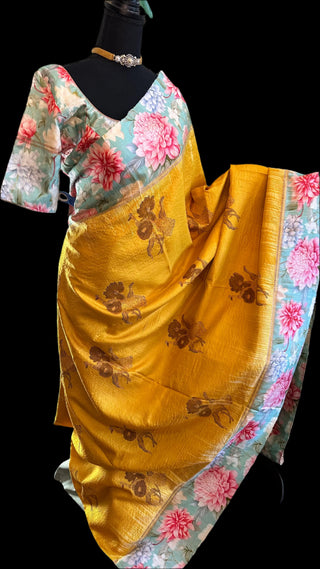 Floral kanjivaram silk saree yellow pure kanchi pattu saree online usa fusion new latest silk saree online shopping wedding indian wedding muhurtam pelli saree telugu brides stitched 