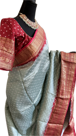 Bandhini Silk Saree zari borders Withstitched  Blouse