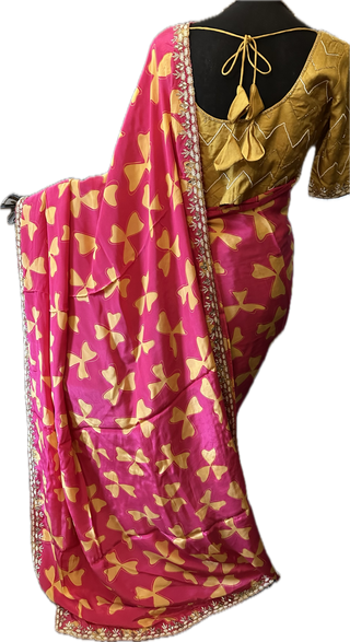 Pink Satin crepe silk saree with stitched blouse