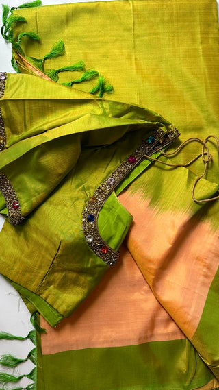 Peach green Pure kanjivaram silk saree with hand embroidered gemstone blouses