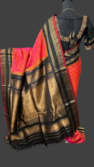 Pink  Gadwal handwoven silk saree with embroidered stitched blouse