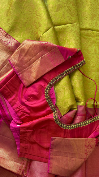 Pure fine weave green kanchi with pink KANJIVARAM SAREE brocade  vanasingaram with Hand embroidered blouse