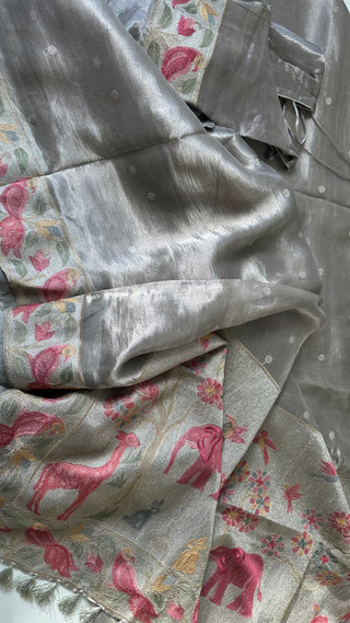 Grey silver tissue Organza soft weave paithani silver borders with stitched blouse