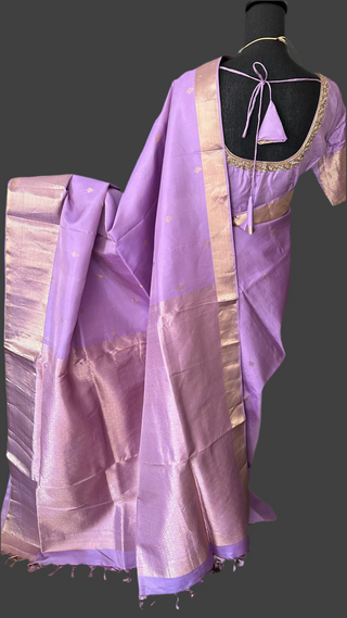 Lavender Kanjivaram pure zari fine weave handwoven easy drape online shopping with  stitched blouse usa