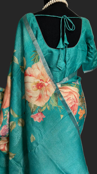 Floral tussar pastel silk saree online usa silver zari beneras weaves handwoven pure silk saree online 
