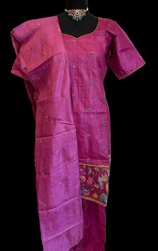 Tussar purple  pure silk salwar set with silk dupatta online shopping usa 