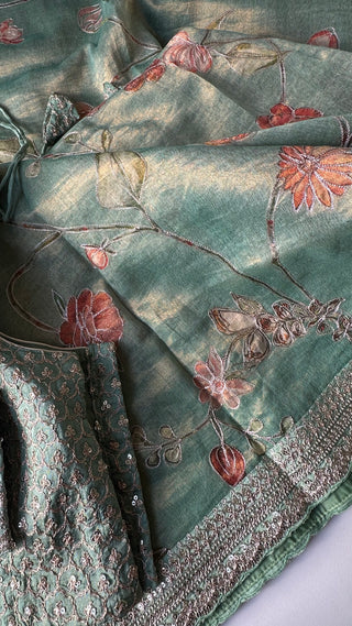 Tissue Green Organza soft weave printed embroidered silk embroidered with stitched blouse