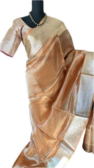 Pure Double Tissue katan Gold Organza  silk saree with blouse online shopping usa