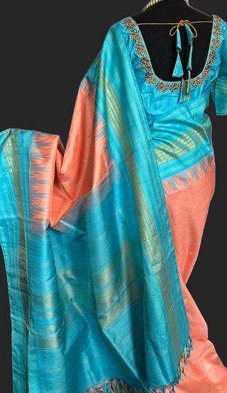 Pastel salmon kanchi pattu silk sarees embroidered blouses
