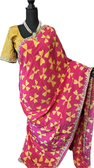 Pink Satin crepe silk saree with stitched blouse