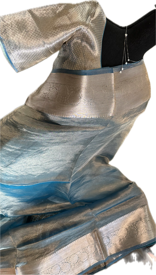 Pastel blue Pure Double Tissue katan Gold Organza  silk saree with blouse online shopping usa