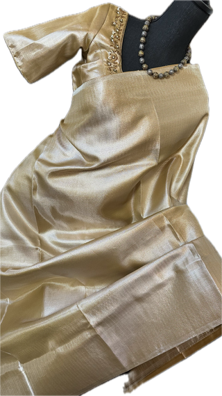 Gold semi fine silk saree bridal with prestitched hand embroidered blouse