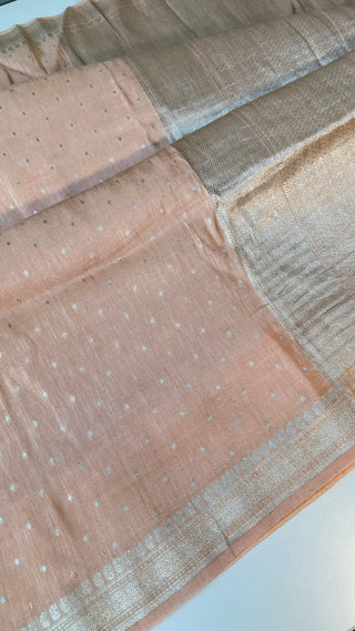 Pastel peach linen beneras silver saree embroidered linen saree online usa