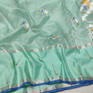 Tissue zari Kota saree online Pastel ocean blue green pure zari Kota saree with stitched blouse