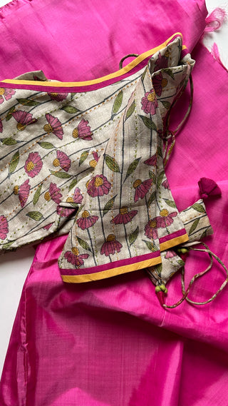 Plain pink Pure kanjivaram silk saree withpen kalamkari blouses plain pattu latest sale online usa