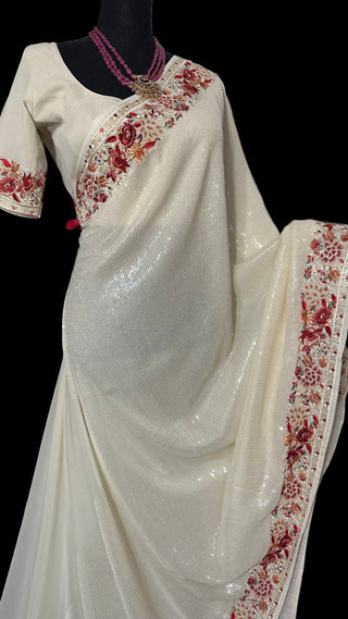 Sequin white cream georgette saree Embroidered borders with prestitched blouses
