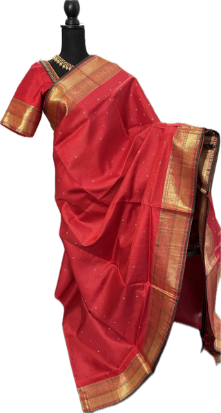 Pure kanchi red small checks butta kanjivaram silk saree with prestitched blouse