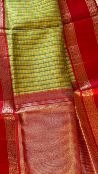 Pure kanchi Gold zari checks pallum palzhamum  kanjivaram silk saree with stitched blouse