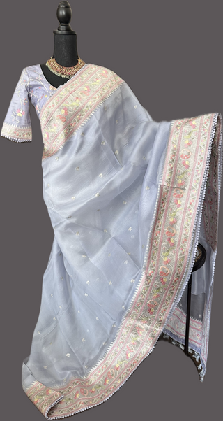 Pastel lavender silver tissue Organza soft weave paithani silver borders with stitched blouse