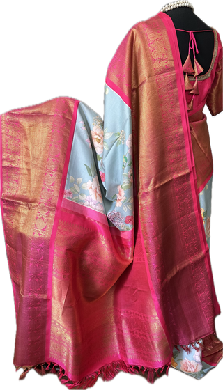 Kanjivaram floral silk printed fusion saree latest sale online usa shopping stitched blouse Indian wedding pastel modern pure zari south silks saree 