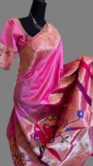 Pure paithani silk saree light pastel pink with half over zari designs parrot paithani pure zari online usa with stitched blouse online sale shopping indian saree wedding telugu bride pelli saree muhurtam fine silk handwoven saree