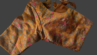 Mustard brown silk printed blouse online usa stitched blouse readymade ready to wear sale on blouse online latest floral flower blouse online usa 