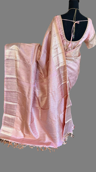 Brocade kanjivaram pastel peach gold zari with stitched blouse.