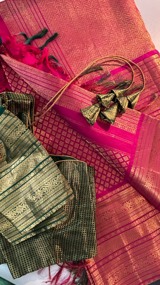 Pinkish red brocade bridal kanchi pattu saree online usa