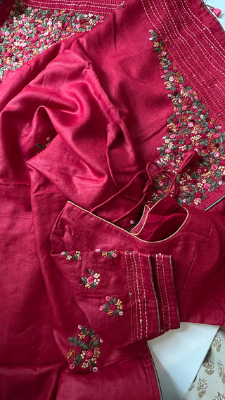 Pink knot embroidered  tussar saree online usa with stitched blouse