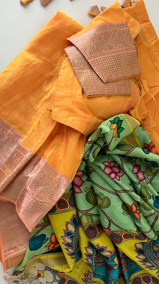 Yellow Pure Mangalagiri Silk Cotton Lehenga with pen kalamkari  Dupatta