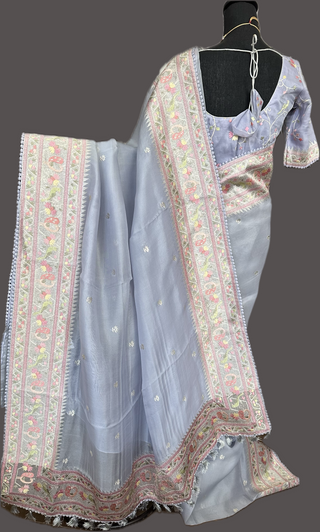 Pastel lavender silver tissue Organza soft weave paithani silver borders with stitched blouse