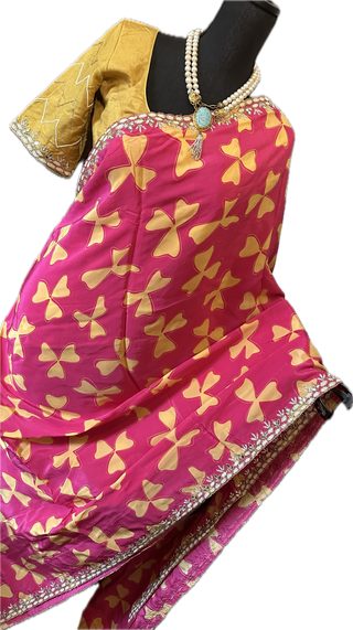 Pink Satin crepe silk saree with stitched blouse