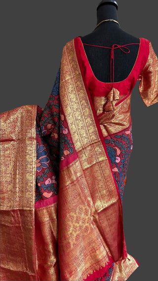 Pure pen kalamkari maroon  pure kanchi pattu saree pen kalamkari saree with blouse online usa