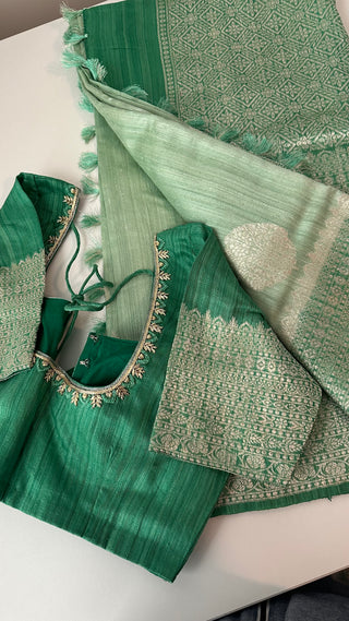 Tussar Beneras Katan saree with prestitched blouse