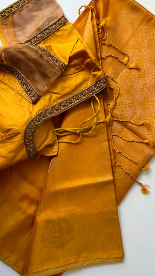 Yellow soft silk saree  zari and hand embroidered blouse with Tissue sleeves