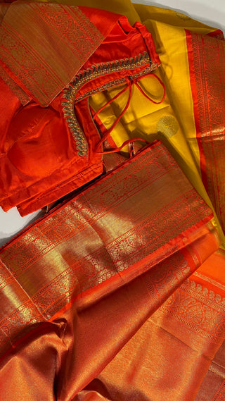 Yellow kanjivaram silk saree blouse embroidered blouse