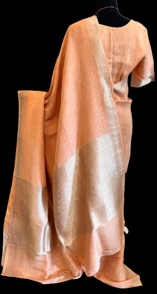 Pure linen saree beneras silver borders pastel blue&nbsp;shade saree with stitched blouse online usa