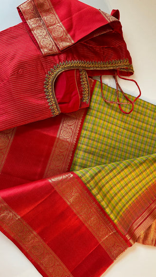 Pure kanchi Gold zari checks pallum palzhamum  kanjivaram silk saree with stitched blouse