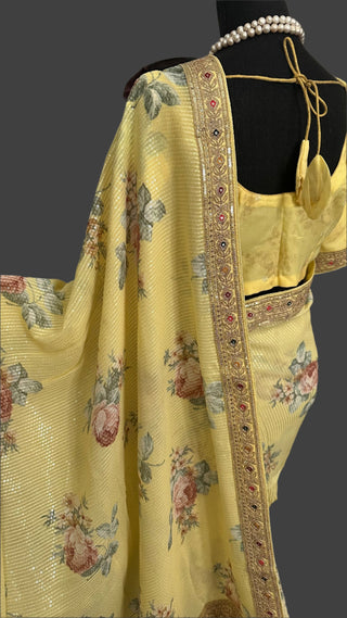 Yellow Sequin georgette saree digital print with prestitched blouses