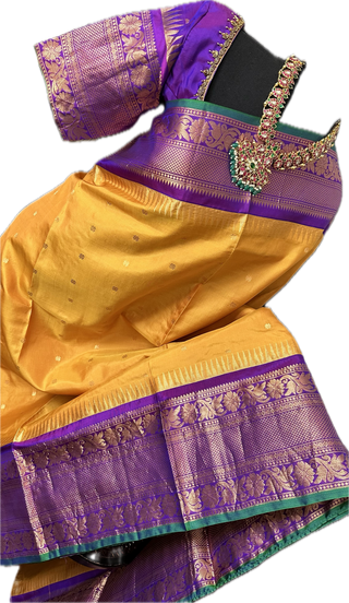 Yellow checks Gadwal handwoven silk saree with stitched blouse