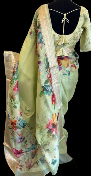 Floral pastel green organza silk saree sari online usa with zari borders stitched blouse online usa pure organza saree online usa 
