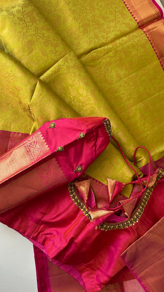 Pure fine weave green kanchi with pink KANJIVARAM SAREE brocade  vanasingaram with Hand embroidered blouse