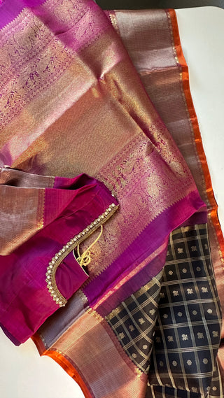 Dark brown pure kanchi  pattu with blouse  online usa