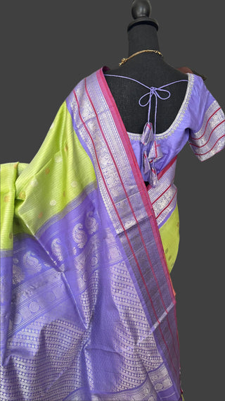 Bright Green saree with purple embossed zari with hand embroidered blouse