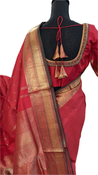 Pure kanchi red small checks butta kanjivaram silk saree with prestitched blouse