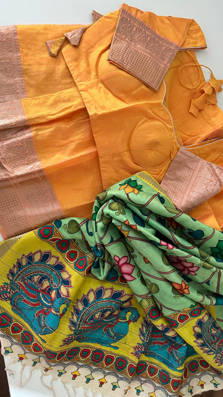 Yellow Pure Mangalagiri Silk Cotton Lehenga with pen kalamkari  Dupatta