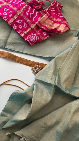 Pastel Chanderi tissue silk saree with Gajji bandhini silk blouse