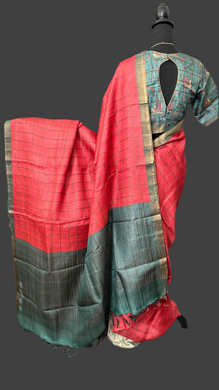 Handwoven Rust  pure tussar silk saree  online and prestitched blouse