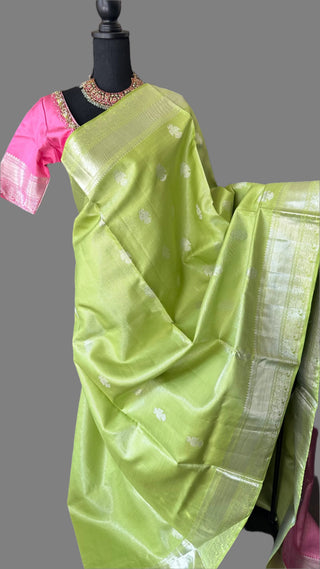 Lime green vaira oosi silver zari KANJIVARAM SAREE with Hand embroidered blouse